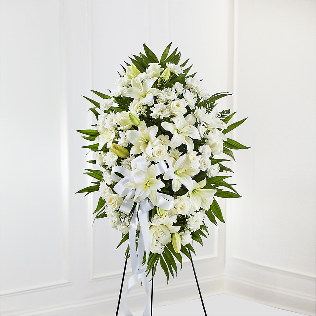 Exquisite Tribute Standing Spray-White Ribbon – Tda Balloons, Taylors SC